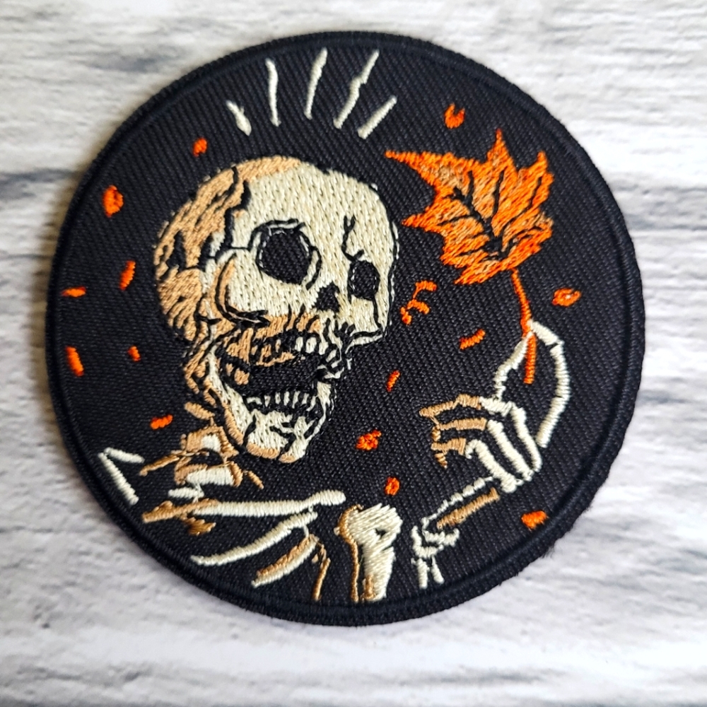 Skeleton Loves Autumn Leaf Fall Skull Gothic Halloween Iron on Patch